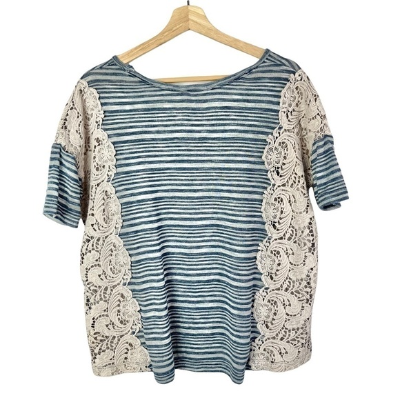 Free People We the Free Blue Stripe Battenburg Lace Short Sleeve Top S - Picture 5 of 6